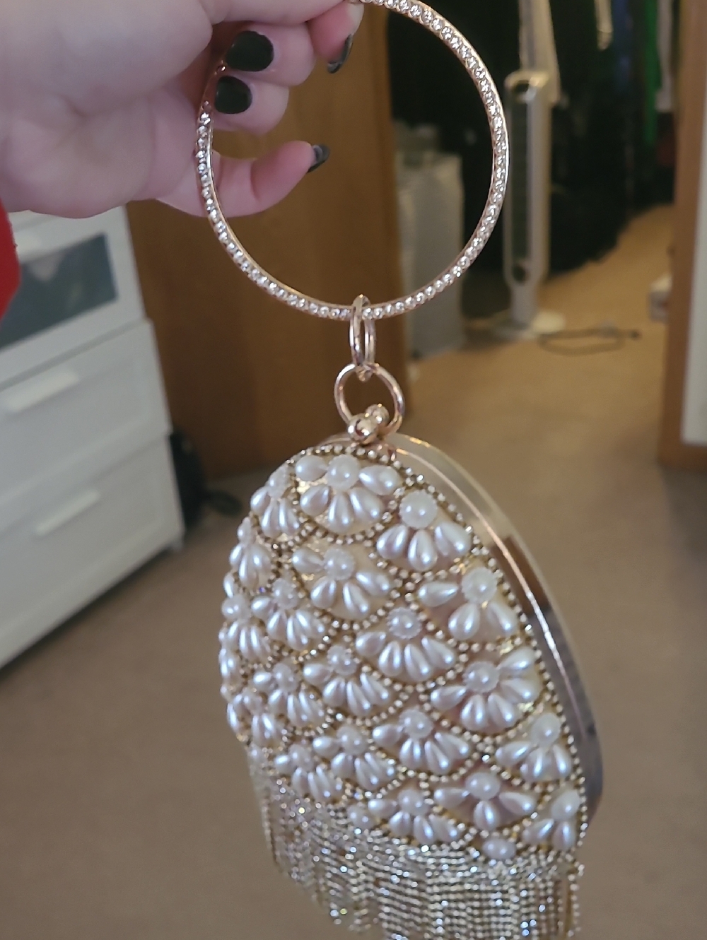 Unique Vintage Pearl Beaded Gold Fringe Wristlet Clamshell Clutch